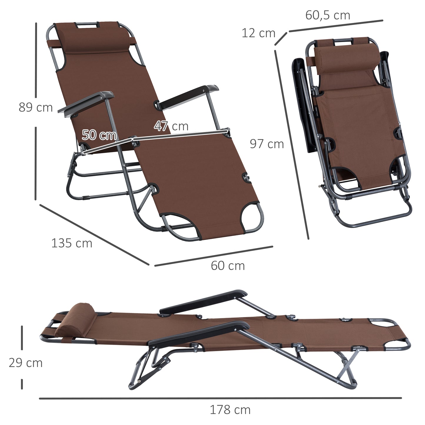 Outsunny Tumbona Reclinable Y Plegable Con Respaldo Ajustable 135x60x89cm Marrón_2