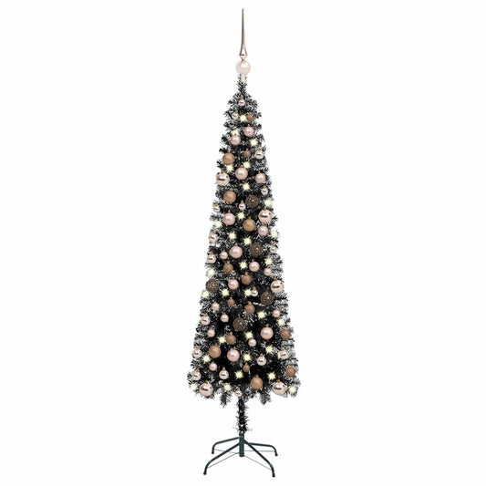 Vidaxl Árbol De Navidad Delgado Con Luces Y Bolas Negro 180 Cm_0