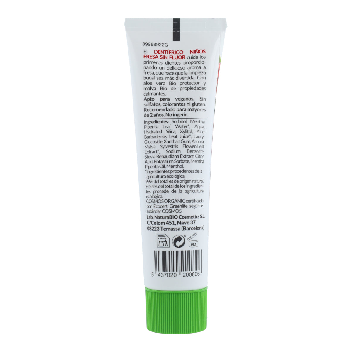 Dentífrico Niños Fresa sin fluor HappyBio 50 ml