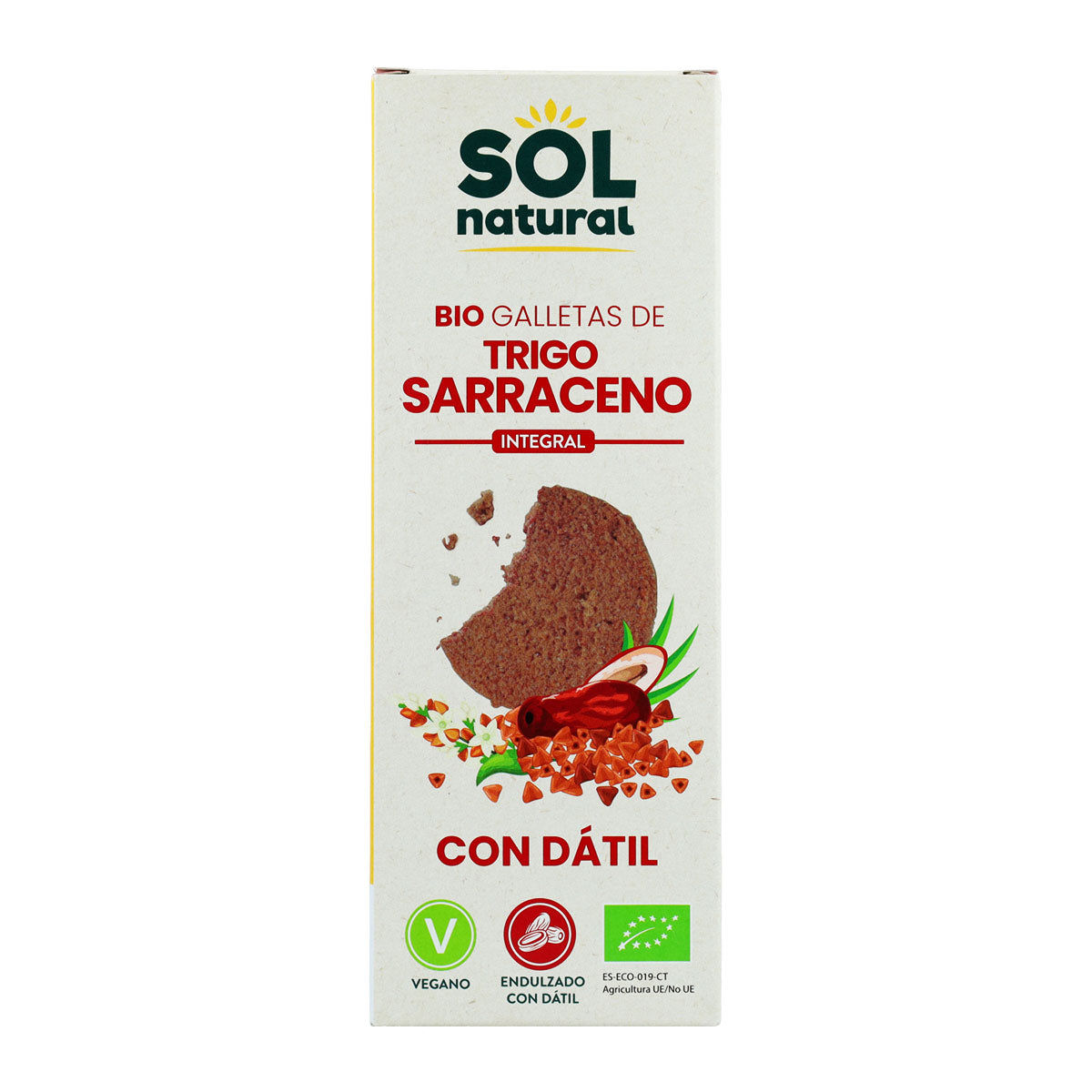 Bolachas integrais de trigo sarraceno adoçadas com tâmaras biológicas Sol Natural 170 g