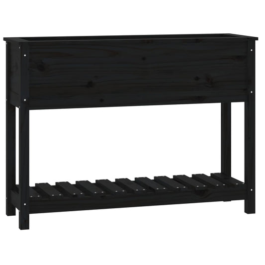 Jardinera Con Estante Madera Maciza Pino Negro 111,5x34,5x81 Cm_0
