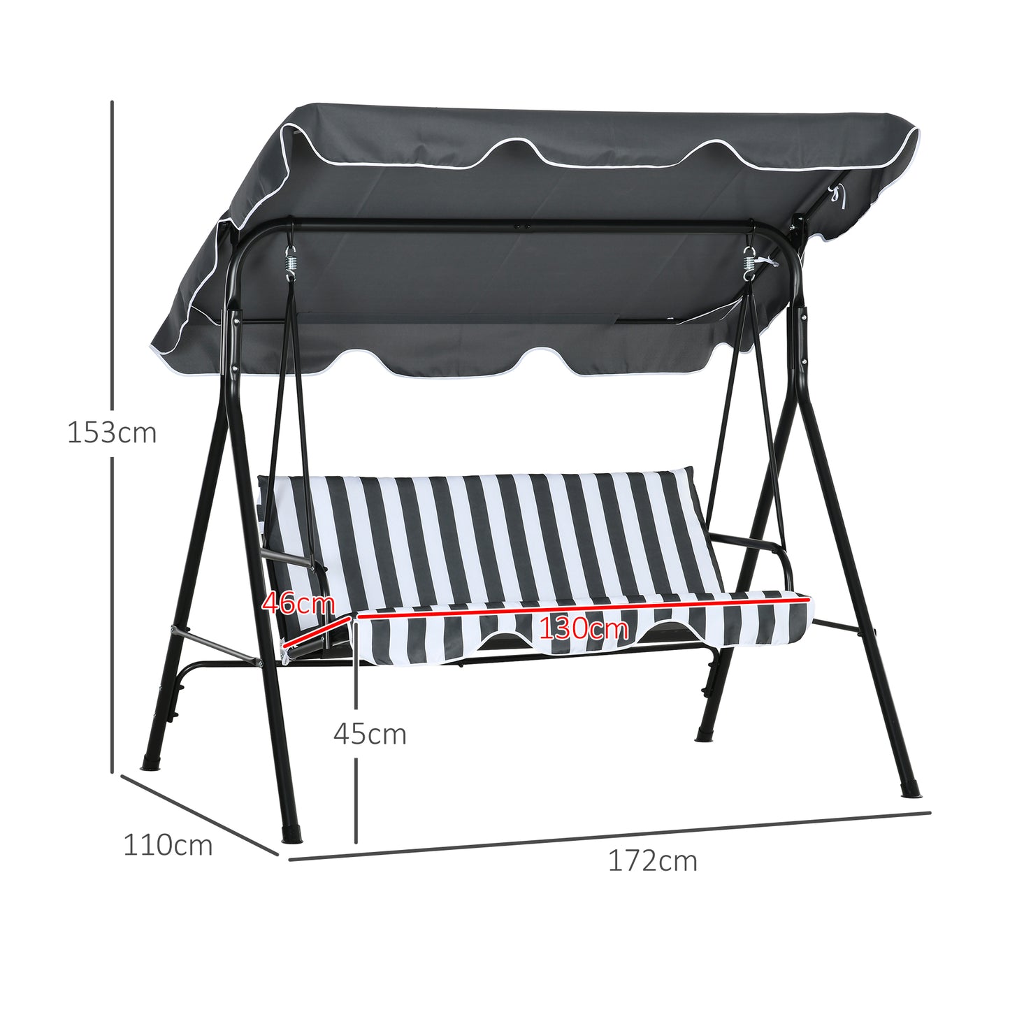 Outsunny Columpio De Jardín De 3 Plazas Con Techo Ajustable 172x110x153cm Gris_2