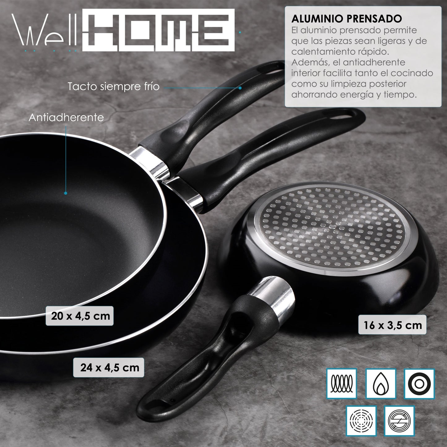 Batería De Cocina 5pc Acero Inox + Set 3 Sartenes Ø16ø20ø24 Aluminio Prensado_2