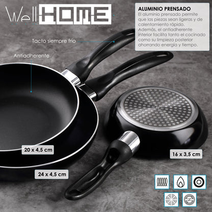 Batería De Cocina 5pc Acero Inox + Set 3 Sartenes Ø16ø20ø24 Aluminio Prensado_2