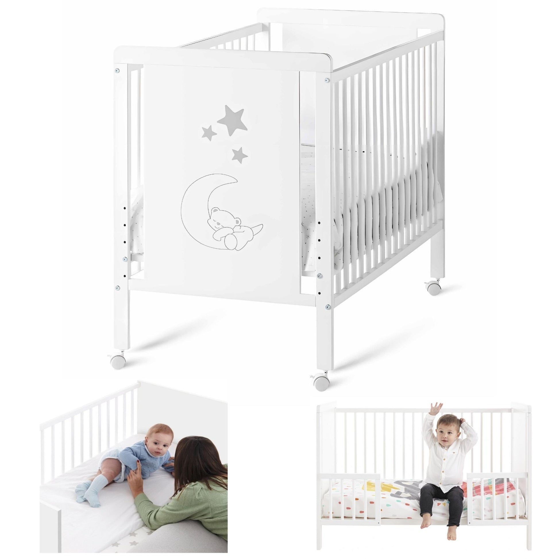 Cuna Colecho De Bebé Indi Estilo Nórdico 120x60 Cm, Con Kit Colecho, 4 Ruedas Y Kit De Barandillas Para Cama Infantil_0