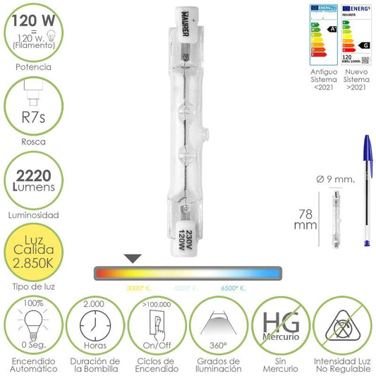 Bombilla Halogena Para Focos Rosca R7s. 120 Watt. 2220 Lumenes. Luz Cálida (2850º K)_0