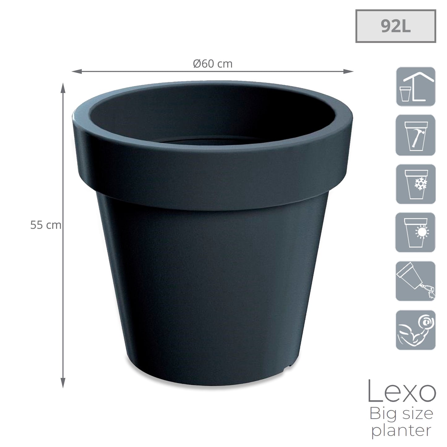 Maceta Lexo Round 92l., Dimensiones (mm) 600x600x550, Color Antracita