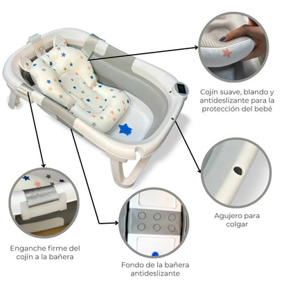 Bathby Bañera Bebé Plegable Con Termómetro, Cojín Antideslizante, Patas Antideslizantes (gris Oasis)