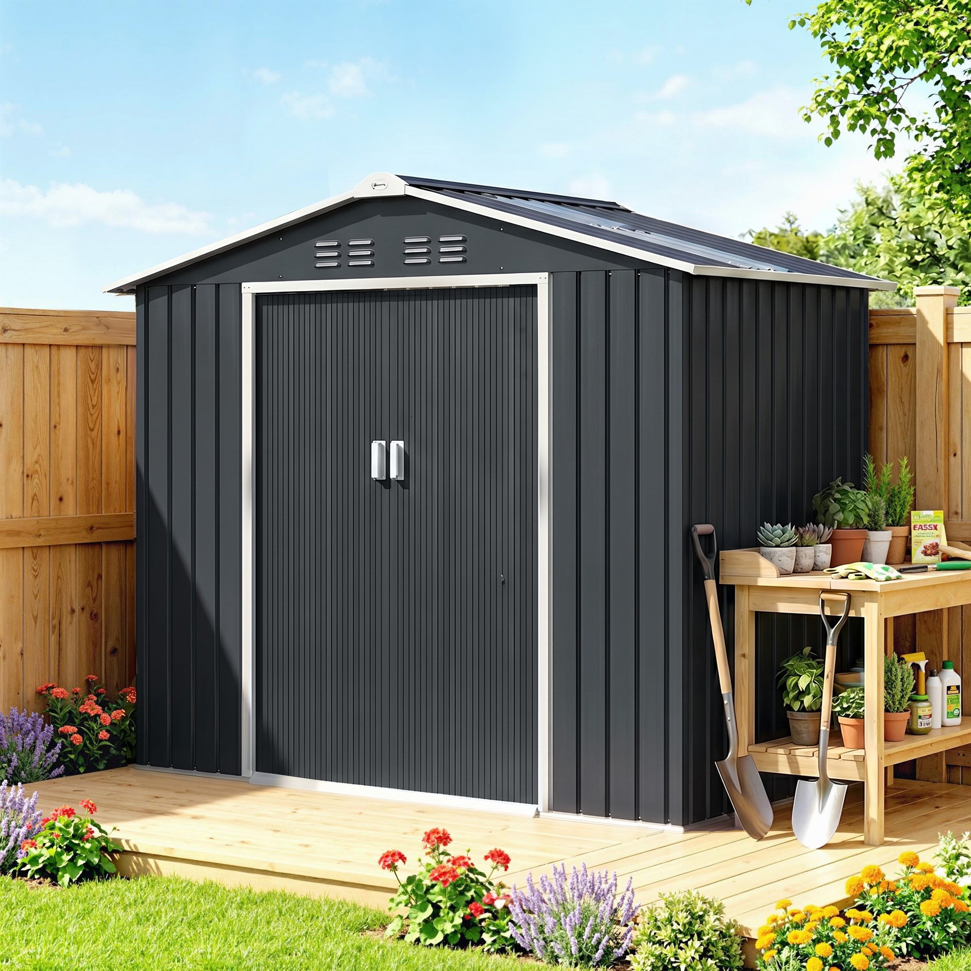 Outsunny Caseta De Jardín 213x130x185 Cm Con 2 Puertas Correderas Y 4 Ventanas_1
