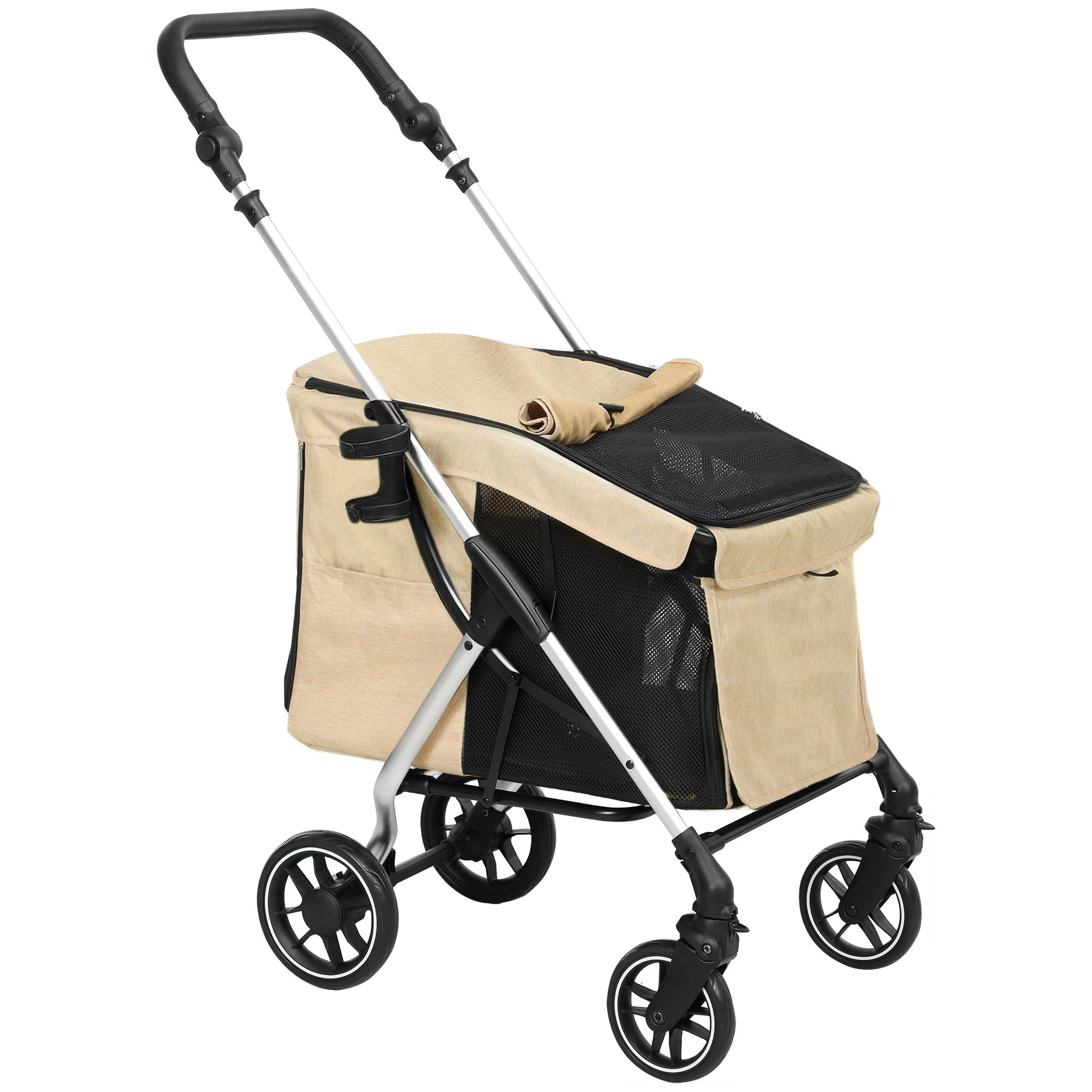 Pawhut Cochecito Para Perros Plegable Con Cojín Lavable 80x48,5x106 Cm Caqui_0