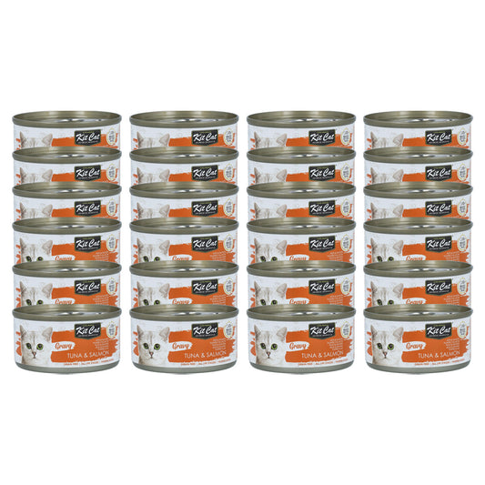 Pack 24x Kit Cat Lata Gravy - Atún & Salmón 70 g Comida húmeda para gatos en salsa