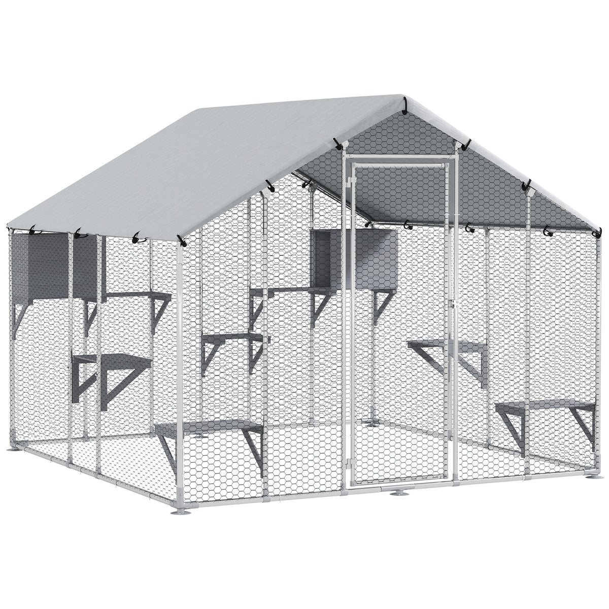 Pawhut Jaula Grande Para Gatos Exterior Con 2 Casitas 240x193x195 Cm Plata_1