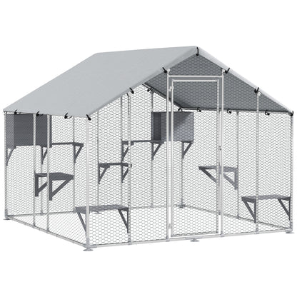 Pawhut Jaula Grande Para Gatos Exterior Con 2 Casitas 240x193x195 Cm Plata_1