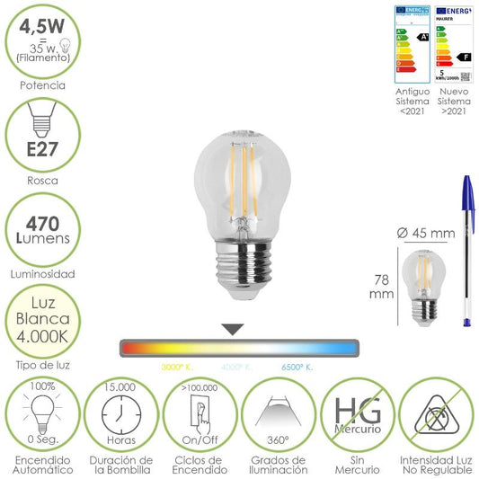 Bombilla Led Filamento Esfera Rosca E27. 4,5 Watt. Equivale A 35 Watt. 470 Lumenes. Luz Neutra 4000º K._0