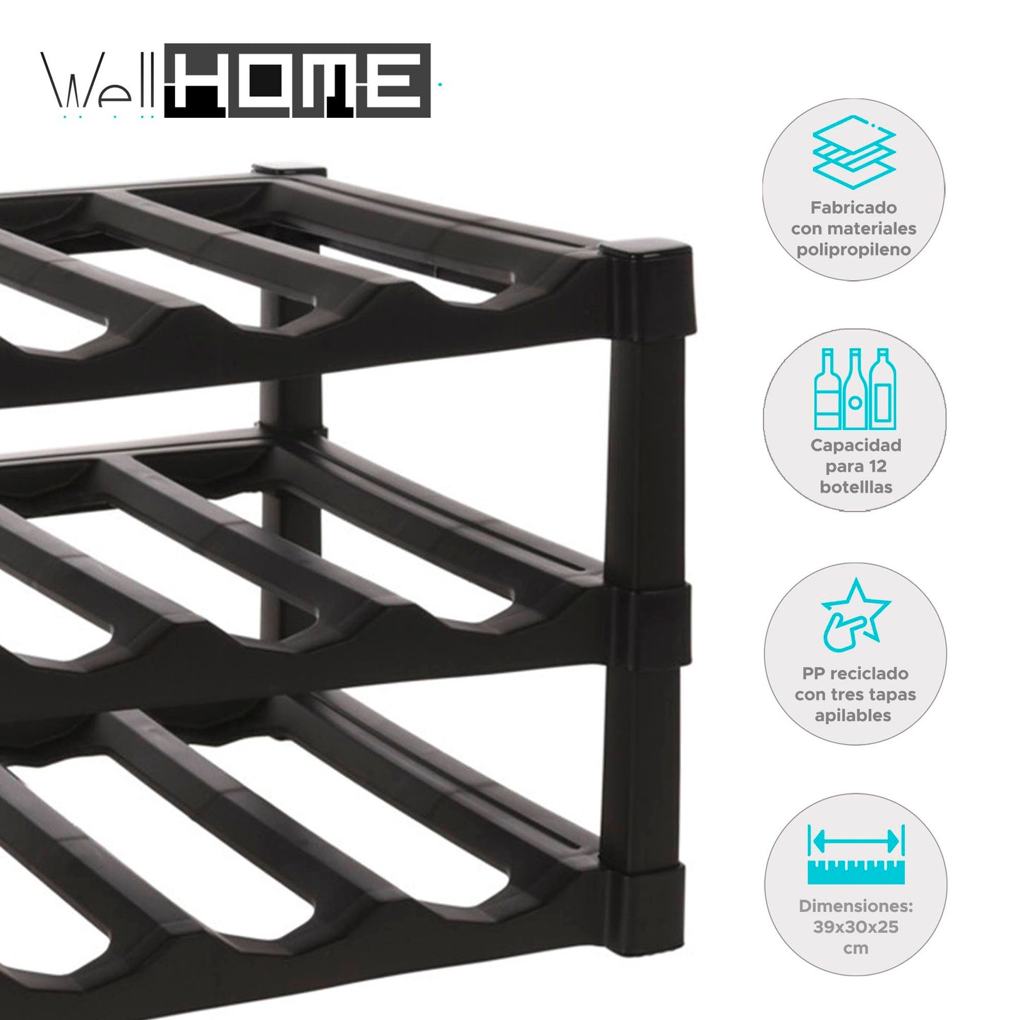 Well Home Botellero De 3 Capas Apilables De Pp En Color Negro Para 12 Botellas - 39x30xh25cm_1