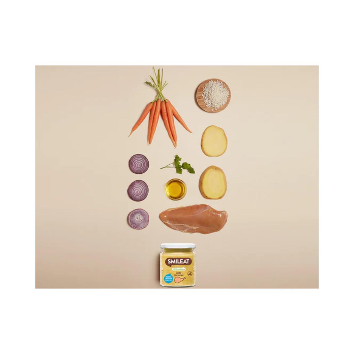 Pack de 3 frascos dourados de frango biológico com arroz +6 meses Smileat 230g