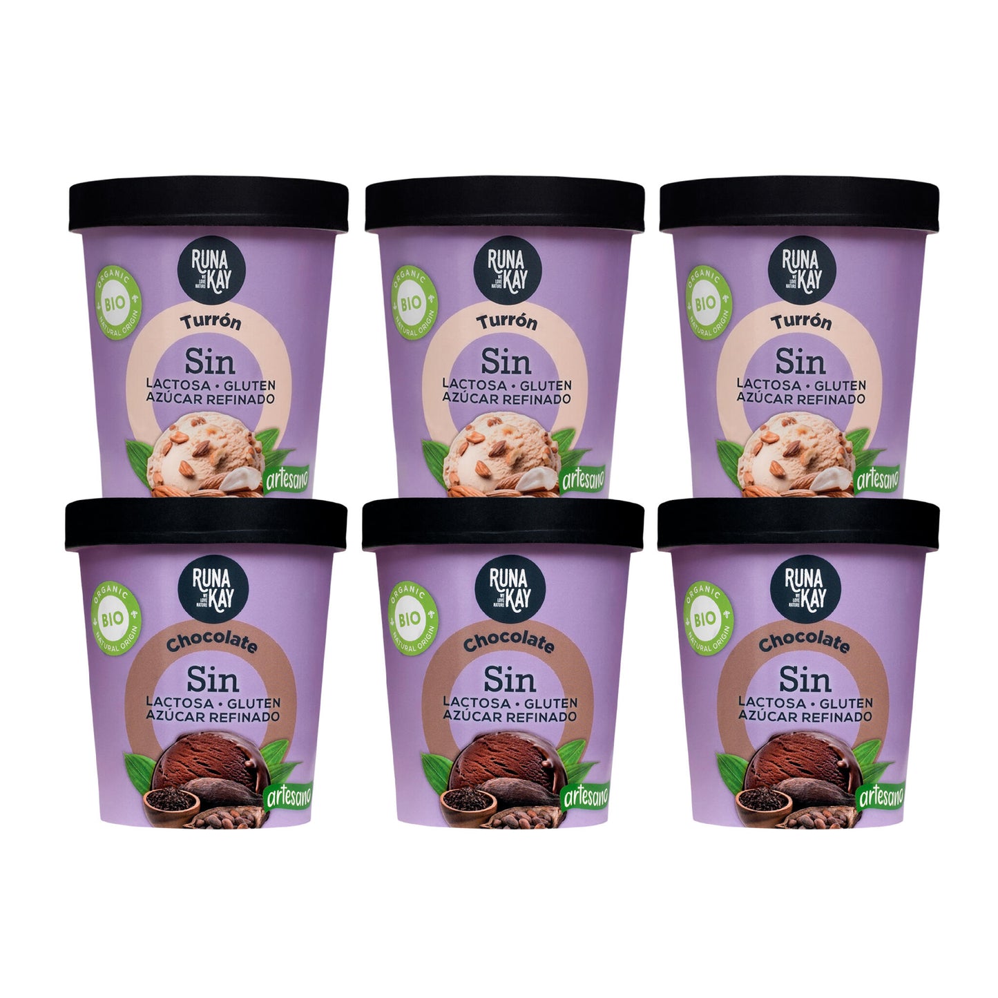 Pack Mix Helados Artesanos Eco Sin Gluten Sin Lactosa Ni Azúcar Refinado Chocolate, Turrón Runakay 6x460ml/400g_0