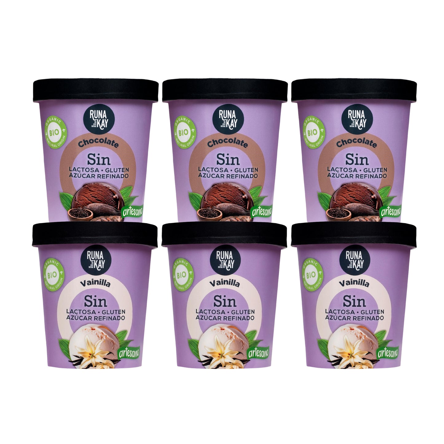 Pack Mix Helados Artesanos Eco Sin Gluten Sin Lactosa Ni Azúcar Refinado Chocolate, Vainilla Runakay 6x460ml/400g_0