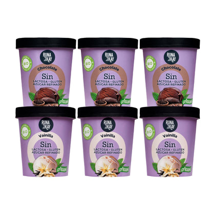 Pack Mix Helados Artesanos Eco Sin Gluten Sin Lactosa Ni Azúcar Refinado Chocolate, Vainilla Runakay 6x460ml/400g_0
