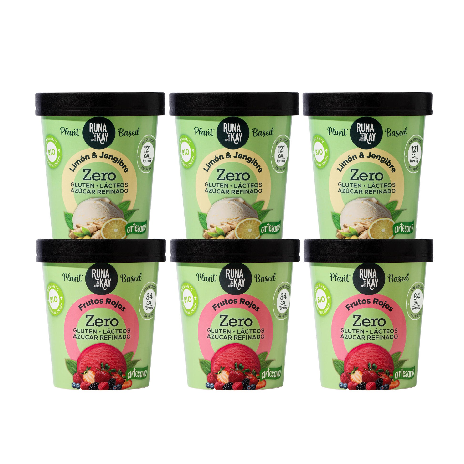 Pack Mix Helado Artesano Eco Sin Gluten Ni Azúcar Refinado De Limón & Jengibre Frutos Rojos Runakay 6x460ml/400g_0