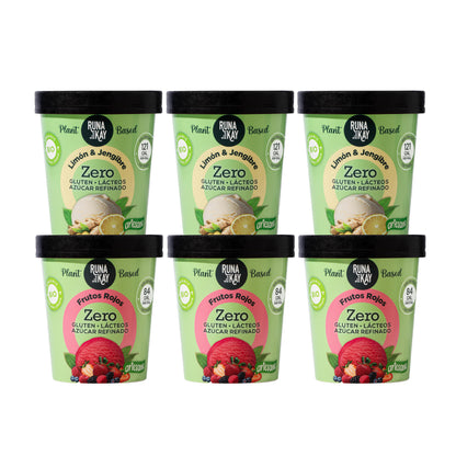 Pack Mix Helado Artesano Eco Sin Gluten Ni Azúcar Refinado De Limón & Jengibre Frutos Rojos Runakay 6x460ml/400g_0
