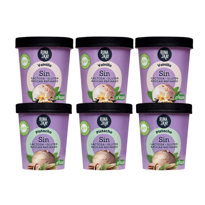 Pack Mix Helado Artesano Eco Sin Gluten Sin Lactosa Ni Azúcar Refinado Pistacho, Vainilla Runakay 6x460ml/400g_0