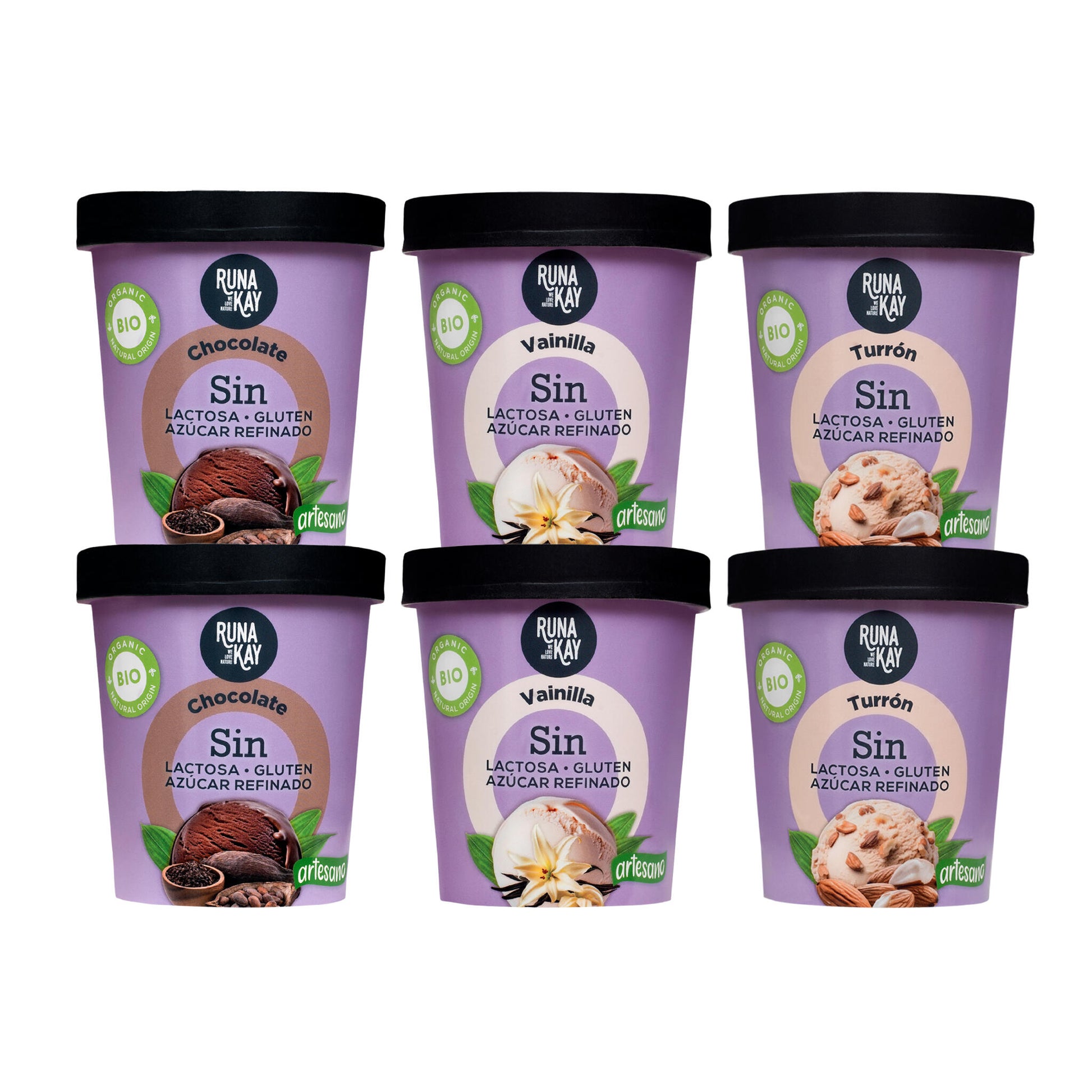 Pack Mix Helado Artesano Eco Sin Gluten Sin Lactosa Ni Azúcar Refinado Chocolate, Vainilla,Turrón Runakay 6x460ml/400g_0