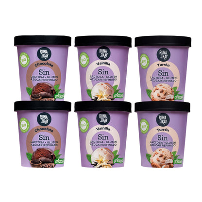 Pack Mix Helado Artesano Eco Sin Gluten Sin Lactosa Ni Azúcar Refinado Chocolate, Vainilla,Turrón Runakay 6x460ml/400g_0