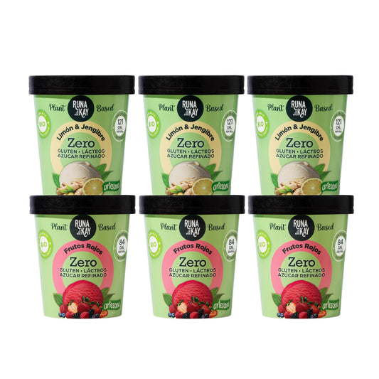 Pack Mix Helado Artesano Eco Sin Gluten Ni Azúcar Refinado De Limón & Jengibre Frutos Rojos Runakay 6x460ml/400g_0