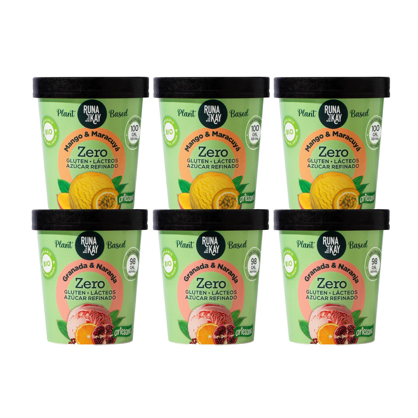 Pack Mix Helado Artesano Eco Sin Gluten Ni Azúcar Refinado Mango&Maracuyá Granada&Naranja Runakay 6x460ml/400g_0