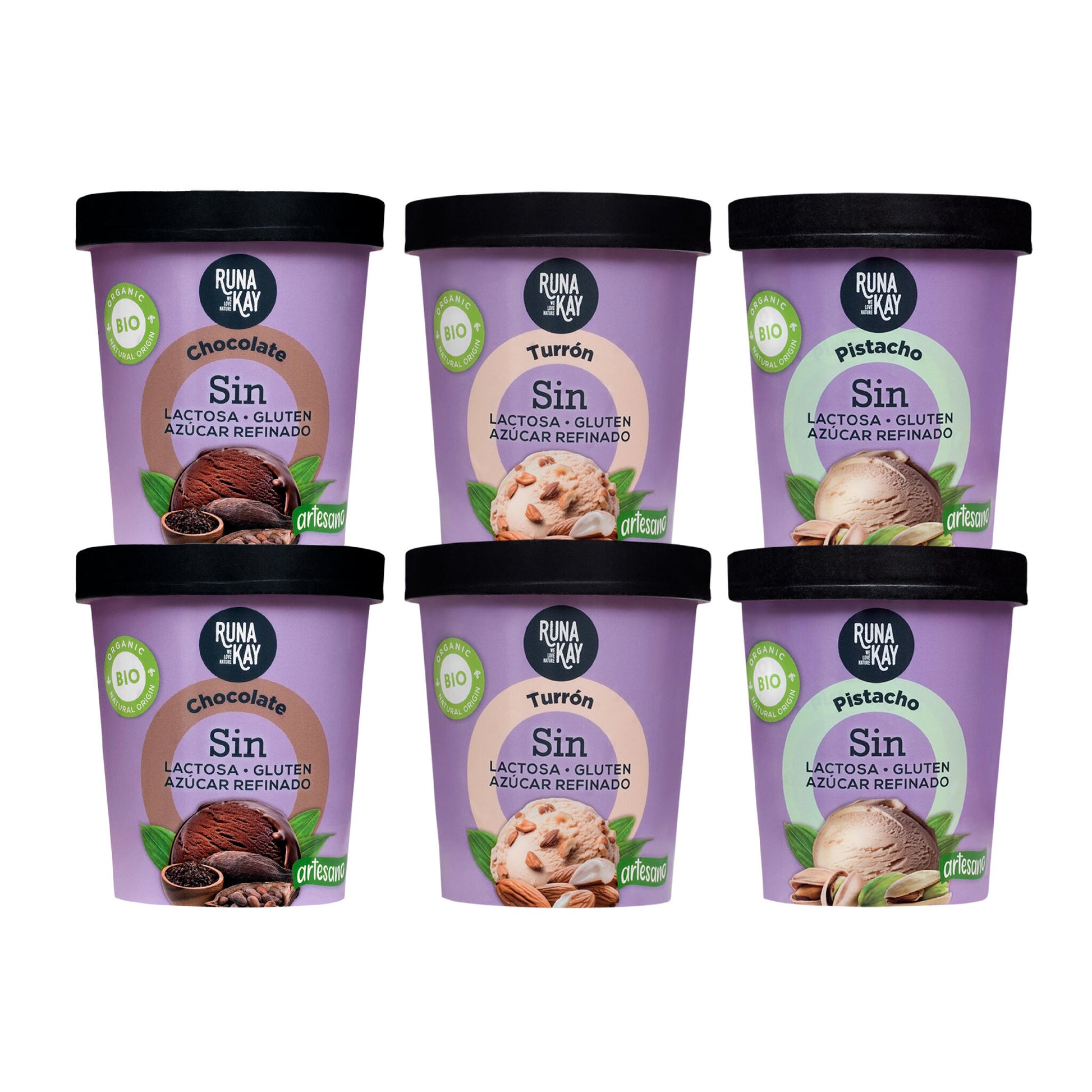 Pack Mix Helado Artesano Eco Sin Gluten Sin Lactosa Ni Azúcar Refinado Chocolate, Pistacho, Turrón Runakay 6x460ml/400g_0