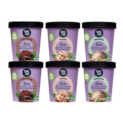Pack Mix Helado Artesano Eco Sin Gluten Sin Lactosa Ni Azúcar Refinado Chocolate, Pistacho, Turrón Runakay 6x460ml/400g_0