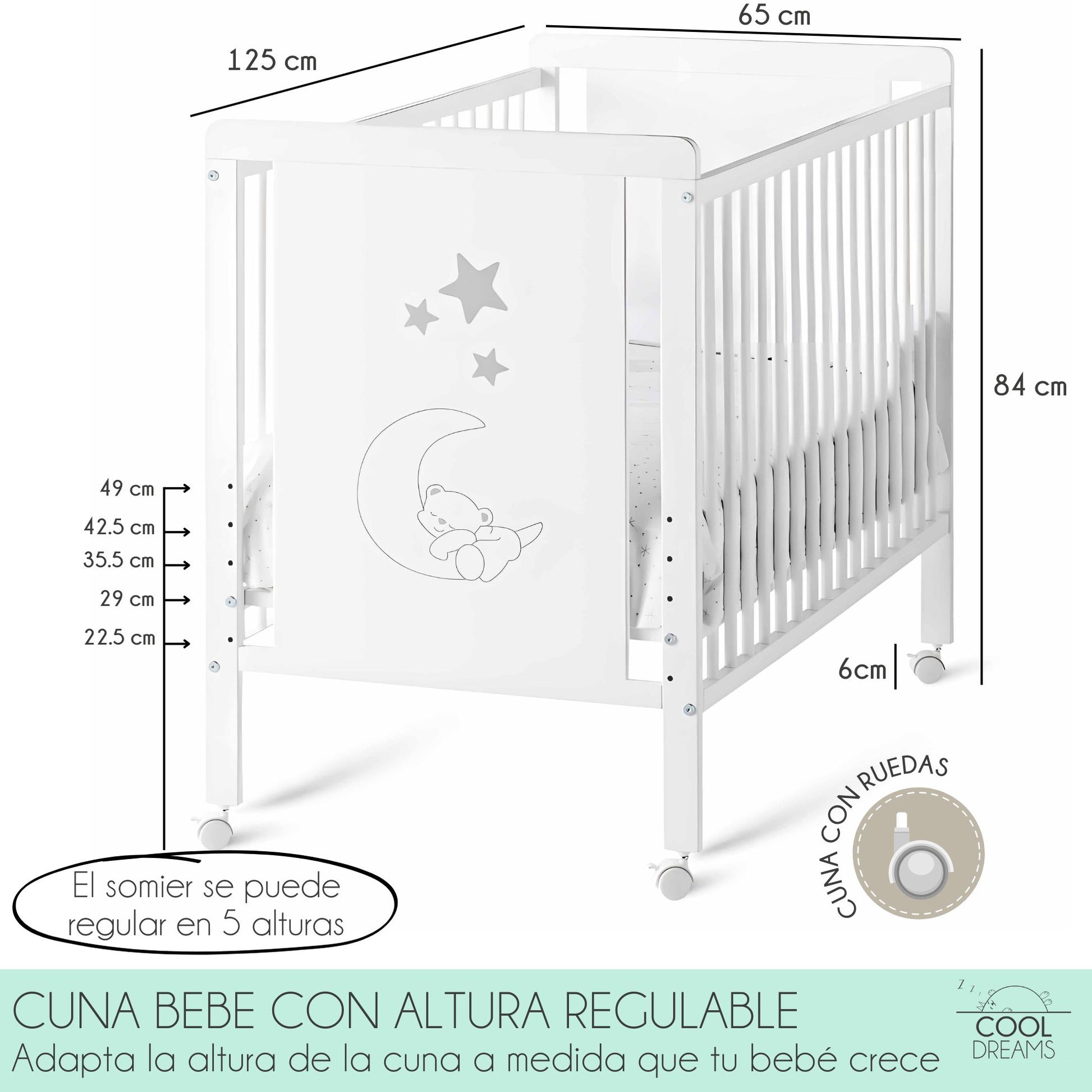 Cuna De Bebé Indi Estilo Nórdico Infantil 120x60cm Blanca Y De Madera De Haya, 5 Alturas De Somier Y 4 Ruedas Con Freno_4