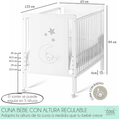 Cuna De Bebé Indi Estilo Nórdico Infantil 120x60cm Blanca Y De Madera De Haya, 5 Alturas De Somier Y 4 Ruedas Con Freno_4