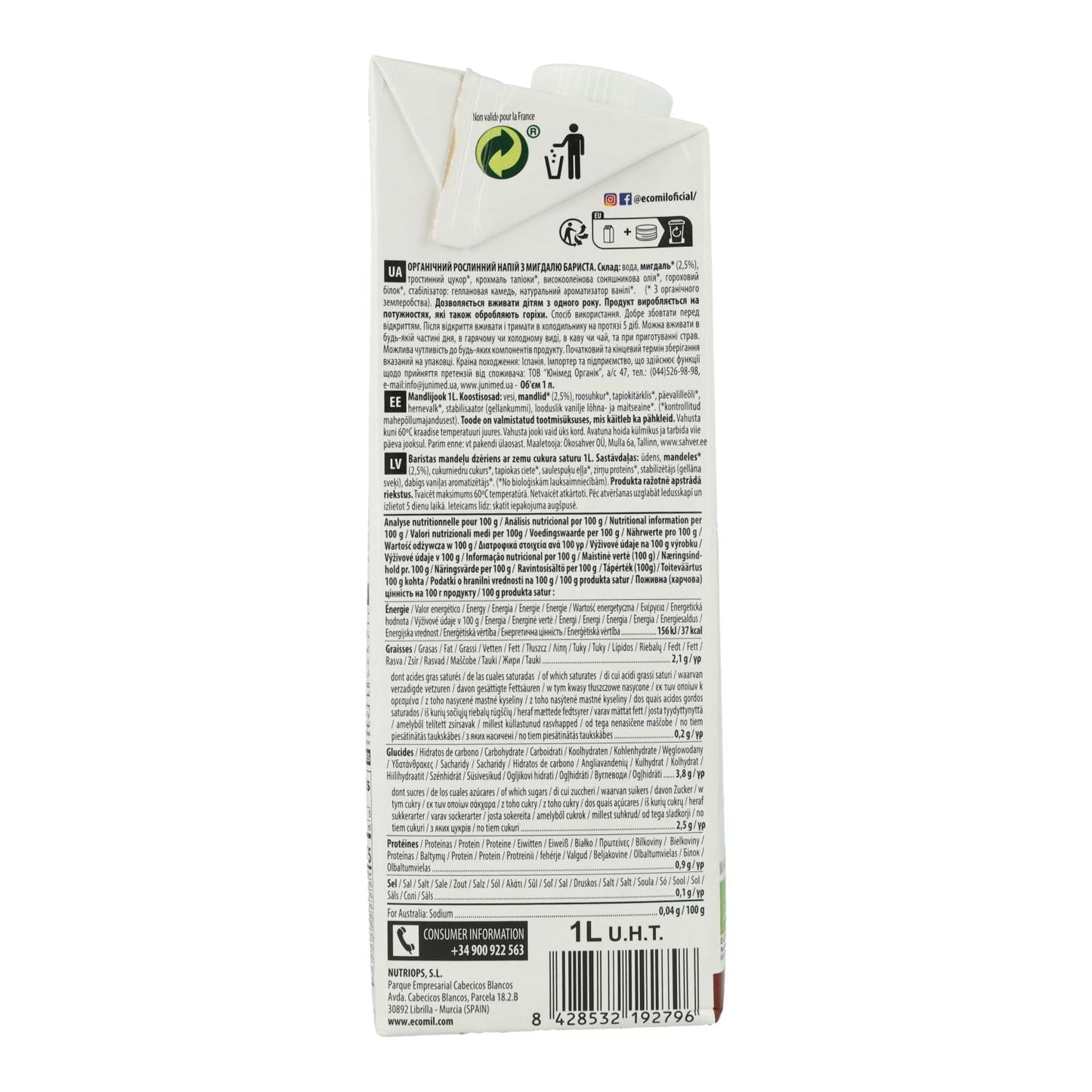Bebida de Amêndoa Vegetal Barista BIO EcoMil 1 L