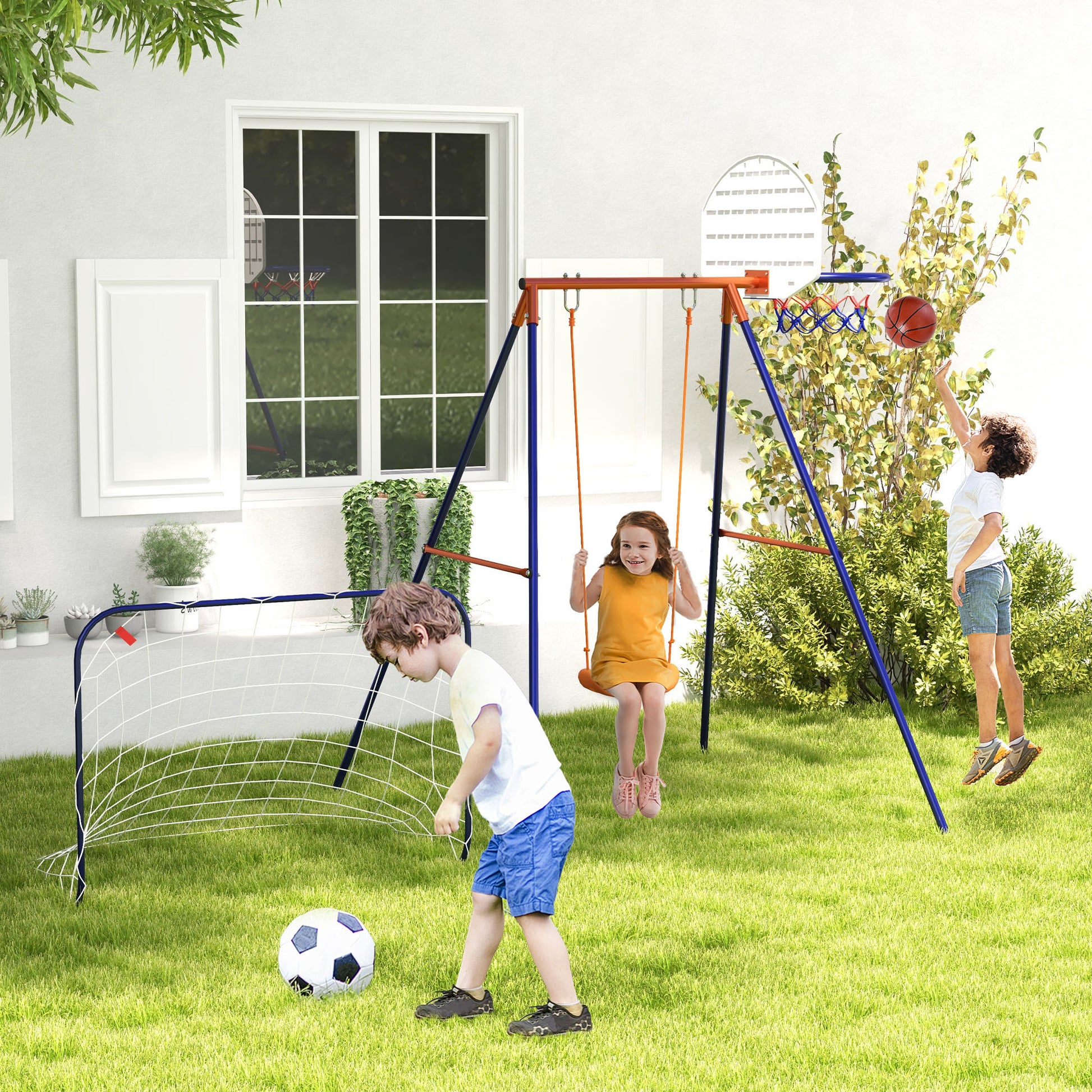 Outsunny Columpio Infantil 3 En 1 Con Canasta Y Portería De Fútbol Multicolor_1