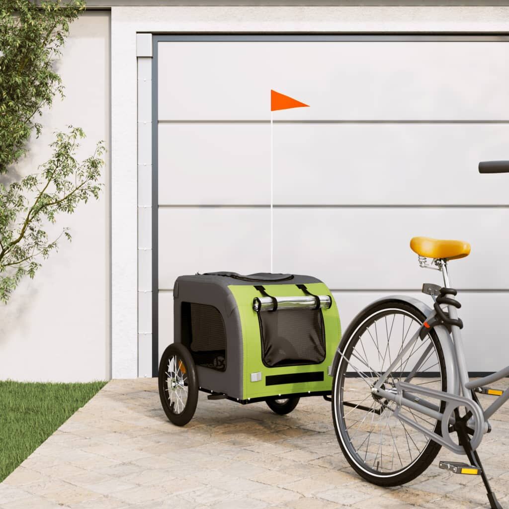 Vidaxl Remolque De Bicicleta Mascotas Hierro Tela Oxford Verde Gris_1