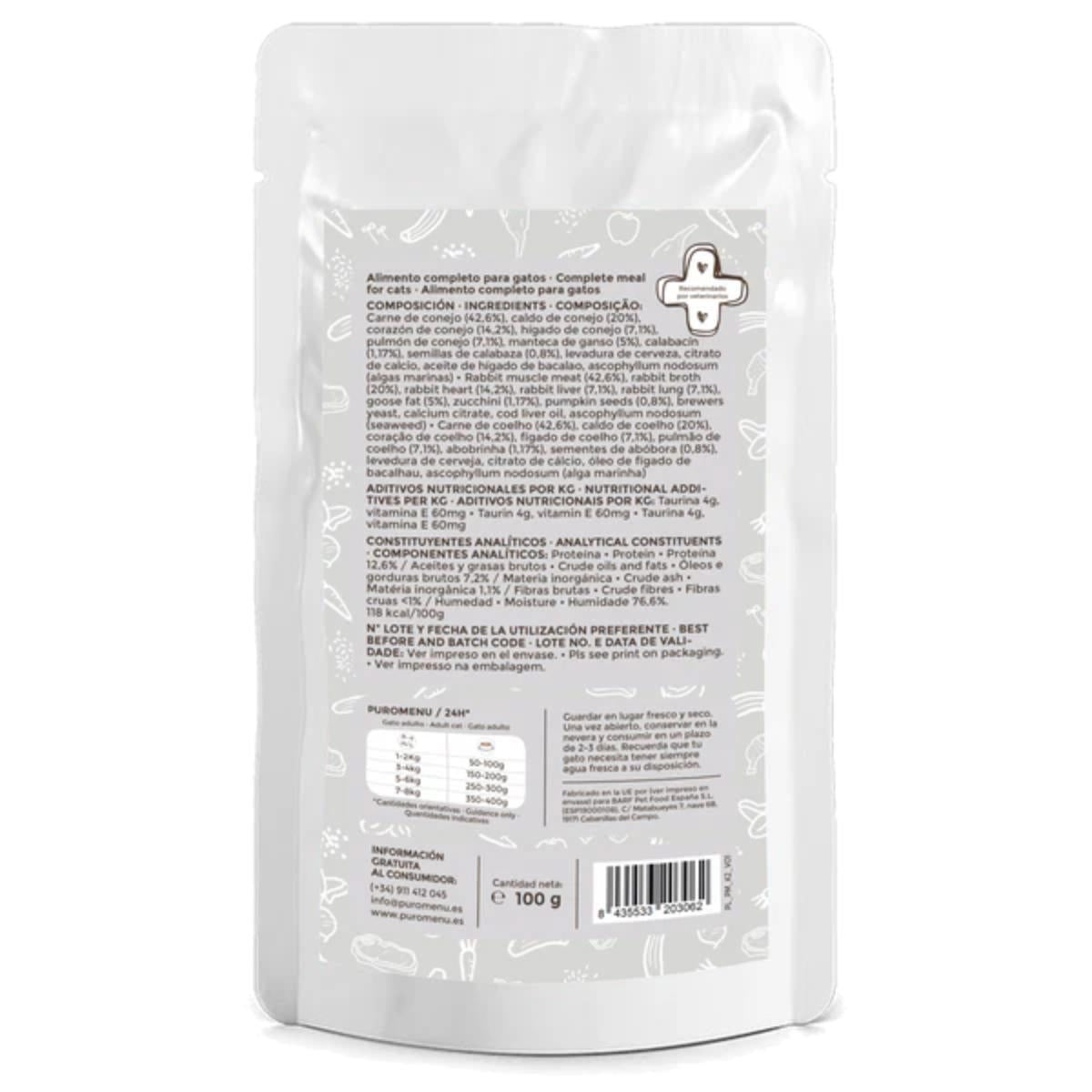 Pack Caza del Día (Conejo) Puromenu 6x100 g Comida húmeda Barf gatos