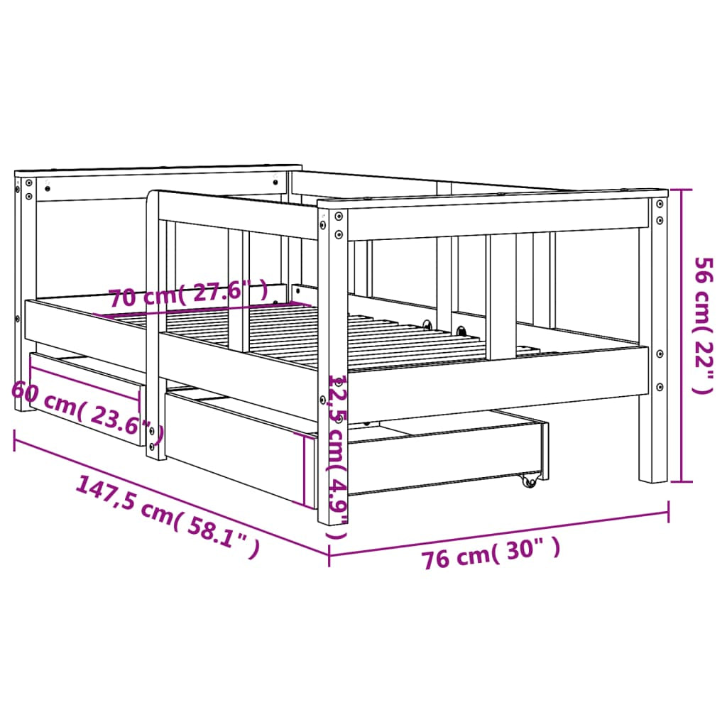 Vidaxl Estructura De Cama Niños Con Cajones Madera Pino Negro 70x140cm_2