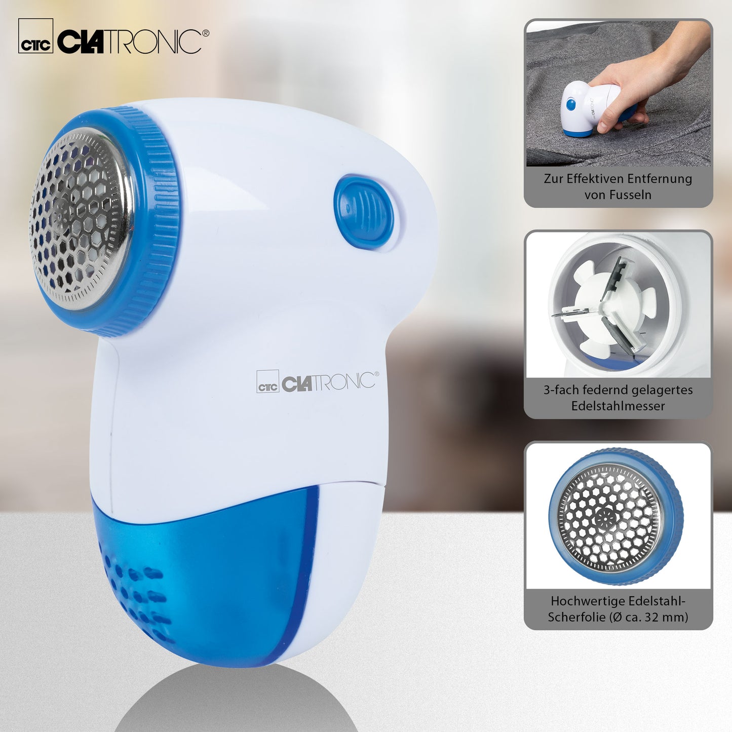 Quitapelusas Eléctrico, Elimina Pelotillas Ropa, Cuchillas Acero Inoxidable, Depósito Extraíble Clatronic Cla-tc3758 Blanco/azul_1