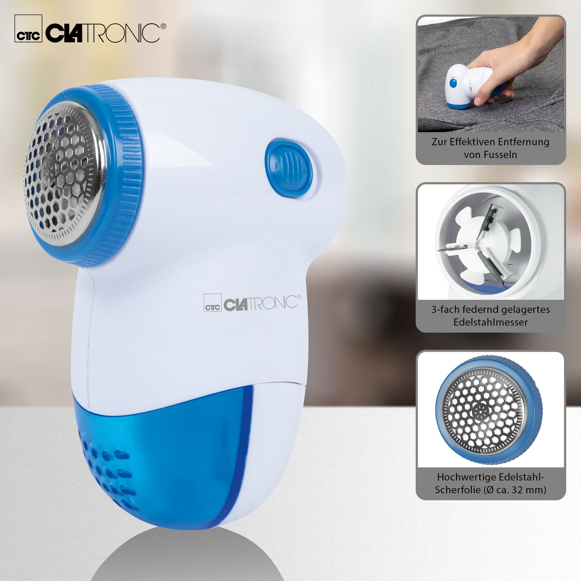 Quitapelusas Eléctrico, Elimina Pelotillas Ropa, Cuchillas Acero Inoxidable, Depósito Extraíble Clatronic Cla-tc3758 Blanco/azul_1