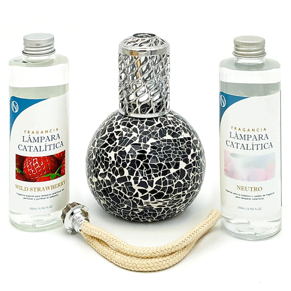 Pack Lámpara Catalítica Mosaico Negro + Fragancia Wild Strawberry 200ml + Limpiador Neutro 200ml + Mecha De Repuesto_0
