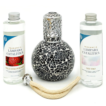 Pack Lámpara Catalítica Mosaico Negro + Fragancia Wild Strawberry 200ml + Limpiador Neutro 200ml + Mecha De Repuesto_0