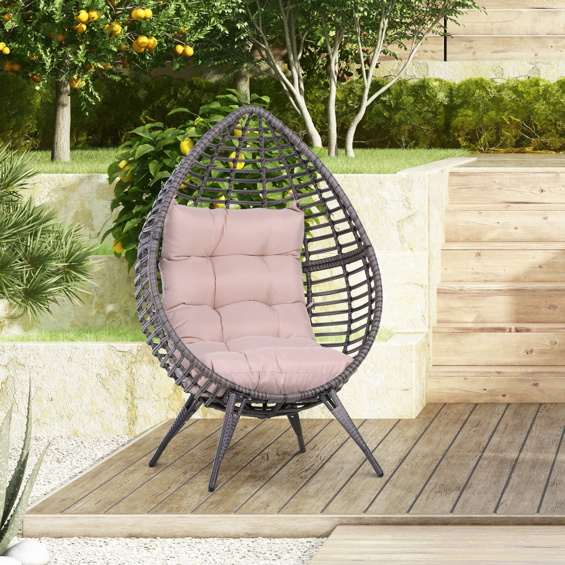 Outsunny Sillón De Exterior De Ratán En Forma De Lágrima Con Cojín Gris Beige_1