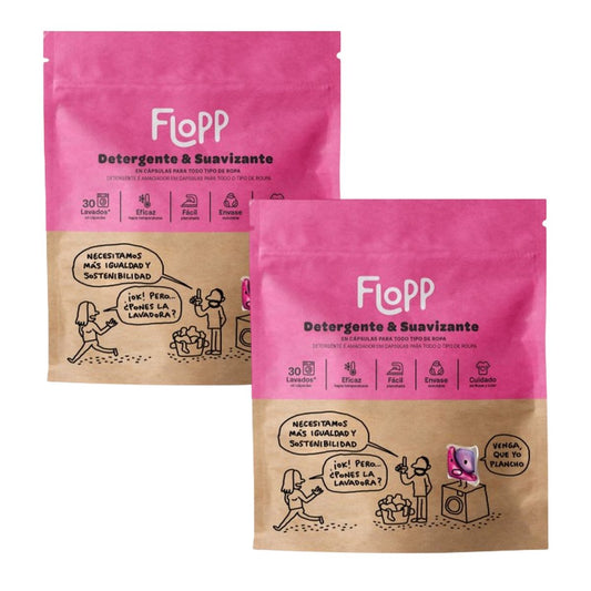 Embalagem de 2 detergentes ECO Flopp com amaciador, 30 cápsulas