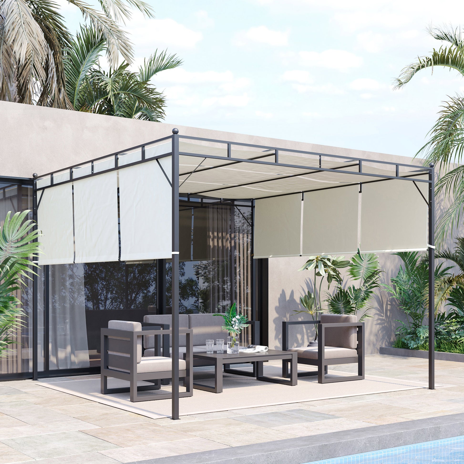 Outsunny Pérgola 3x3 M Cenador De Jardín Con Techo Retráctil Tela De Poliéster_1