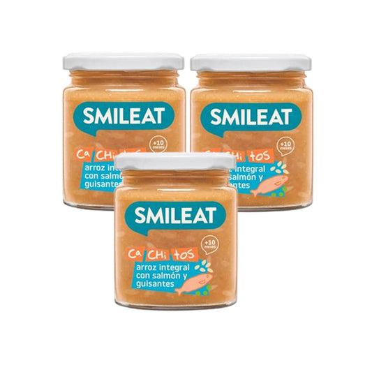 Embalagem de 3 frascos de arroz integral com salmão e ervilhas, ECO CA CHI TOS, 230g, Smileat