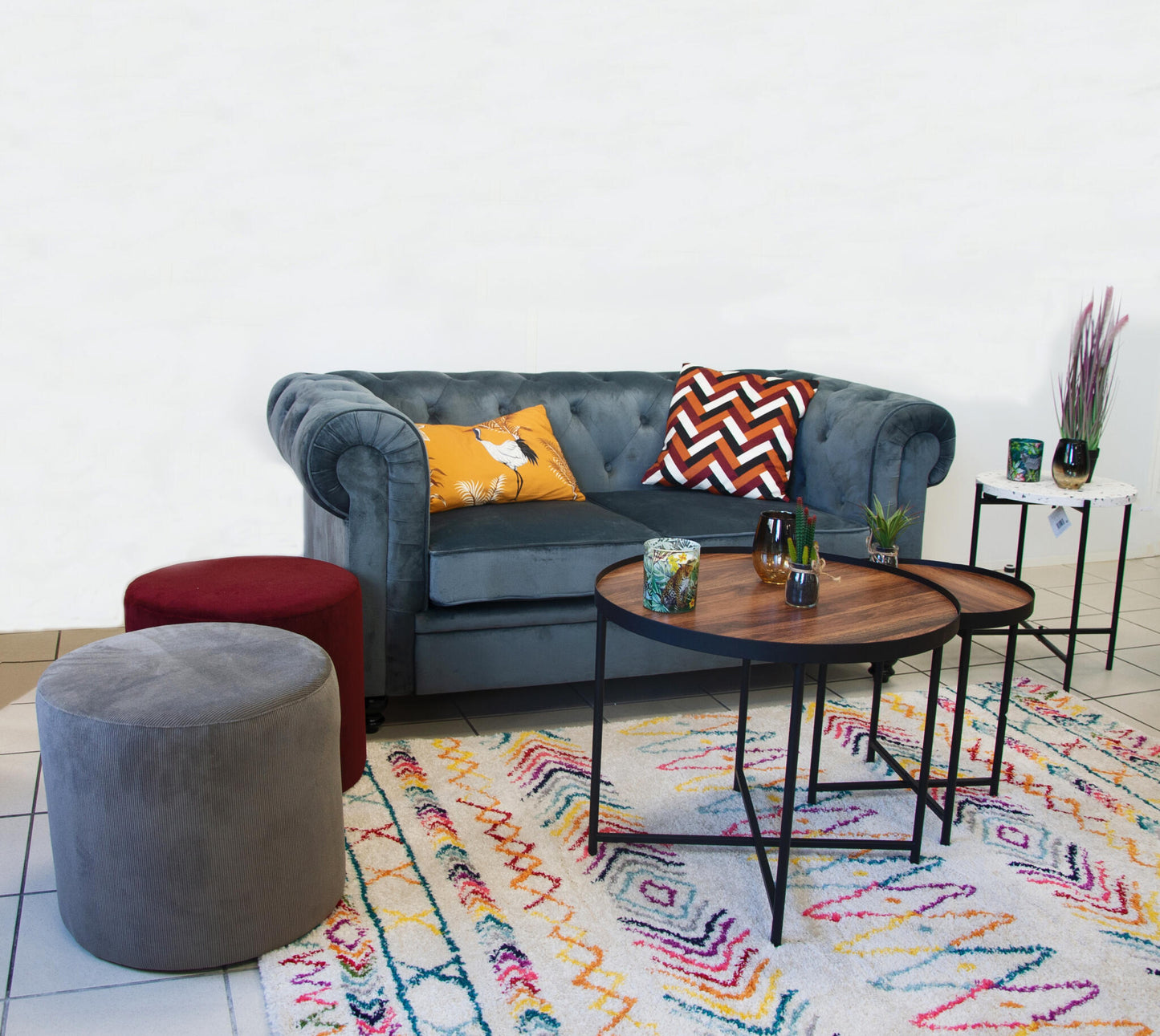Grand Pouf, Bout De Canapé Taburete Salón Dormitorio Taburete Redondo De Pana Burdeos Lie De Vin D45/40cm- Muebles De Salón_2
