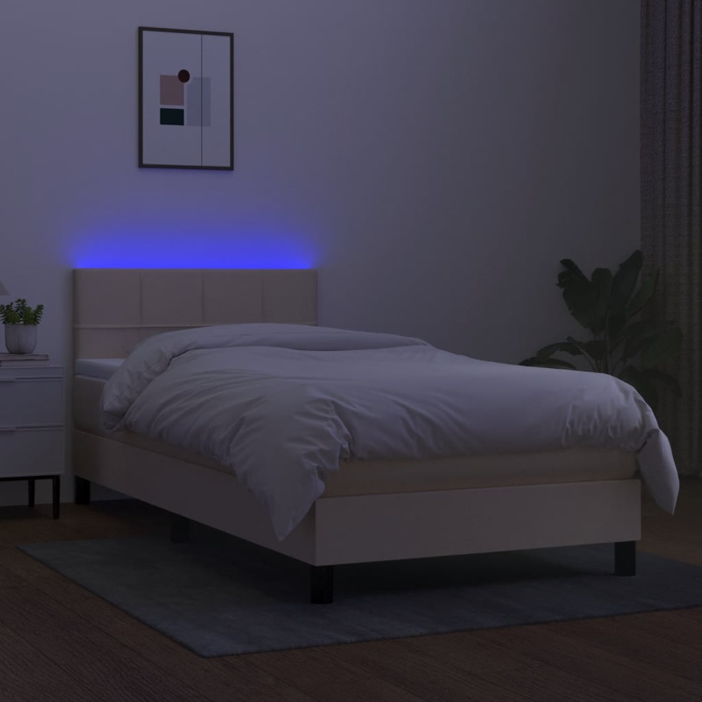 Cama Box Spring Colchón Y Luces Led Tela Color Crema 90x190 Cm / Vetonek_5