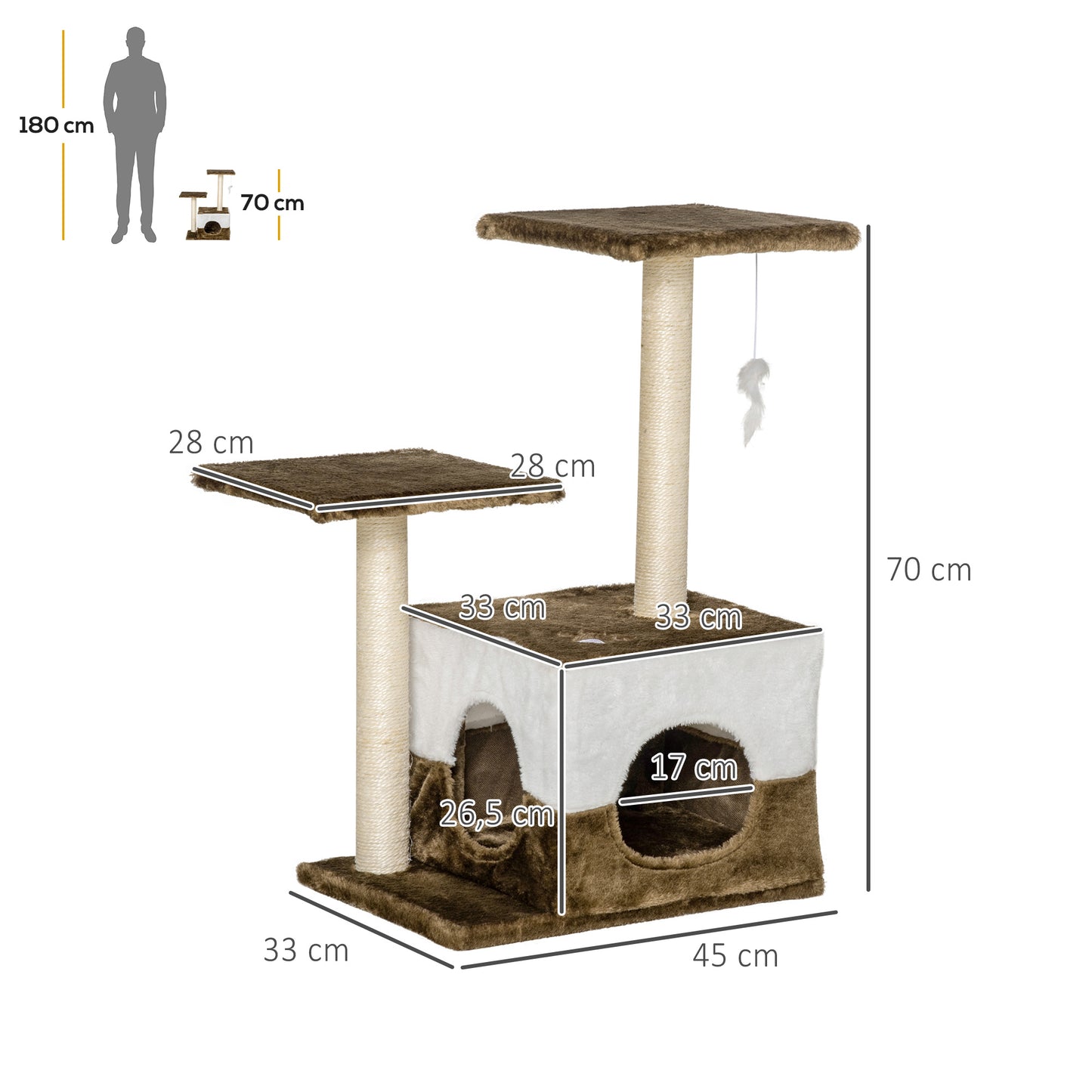 Pawhut Árbol Rascador Gatos 70 Cm Con Cueva 2 Plataformas Postes De Sisal Marrón_2